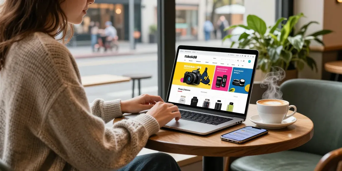 Shopping for rokok88 merchandise at a trendy café, laptop and cappuccino present.