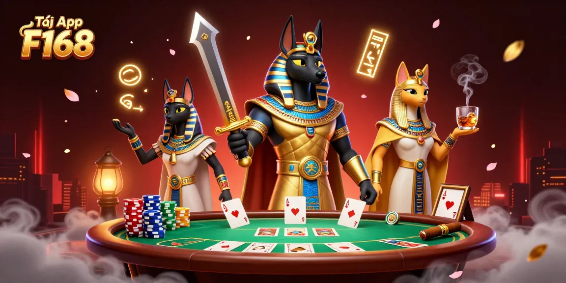 Tải App F168 to win big at the poker table, featuring ancient Egyptian warriors amidst vibrant game elements.
