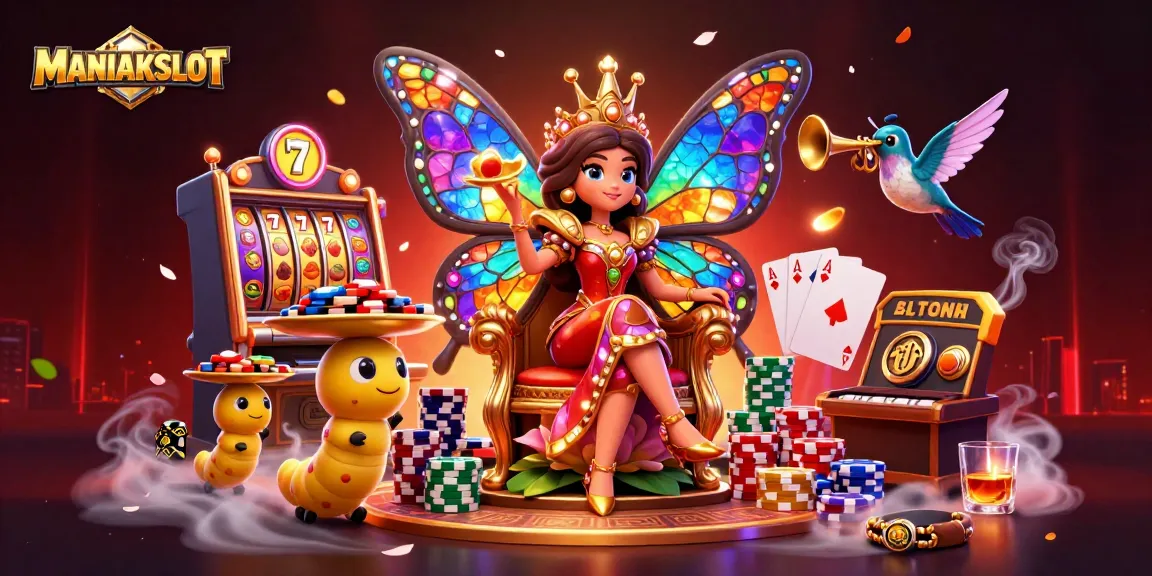 Engage with MANIAKSLOT in this lavish casino scene featuring a butterfly queen amidst slot reels and vibrant poker elements.