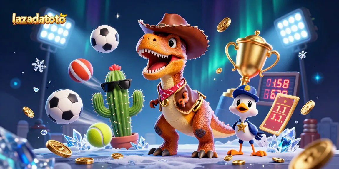 Lazadatoto showcases a vibrant 3D illustration with gambling elements like sports balls and a dinosaur.