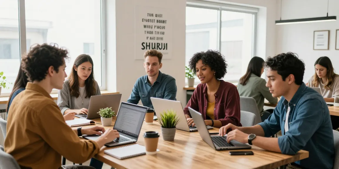 Self-employed professionals collaborating in a dynamic co-working space, showcasing teamwork and productivity.