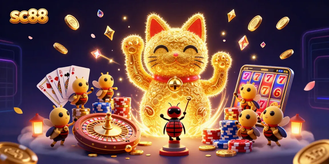 Join the excitement at sc88 with a colorful lucky cat and vibrant casino elements.