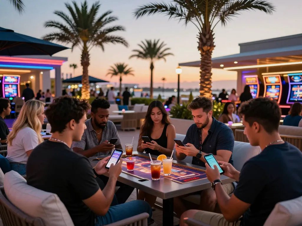 Engaged friends enjoying online casinos Canada gaming on smartphones at a lively casino terrace.