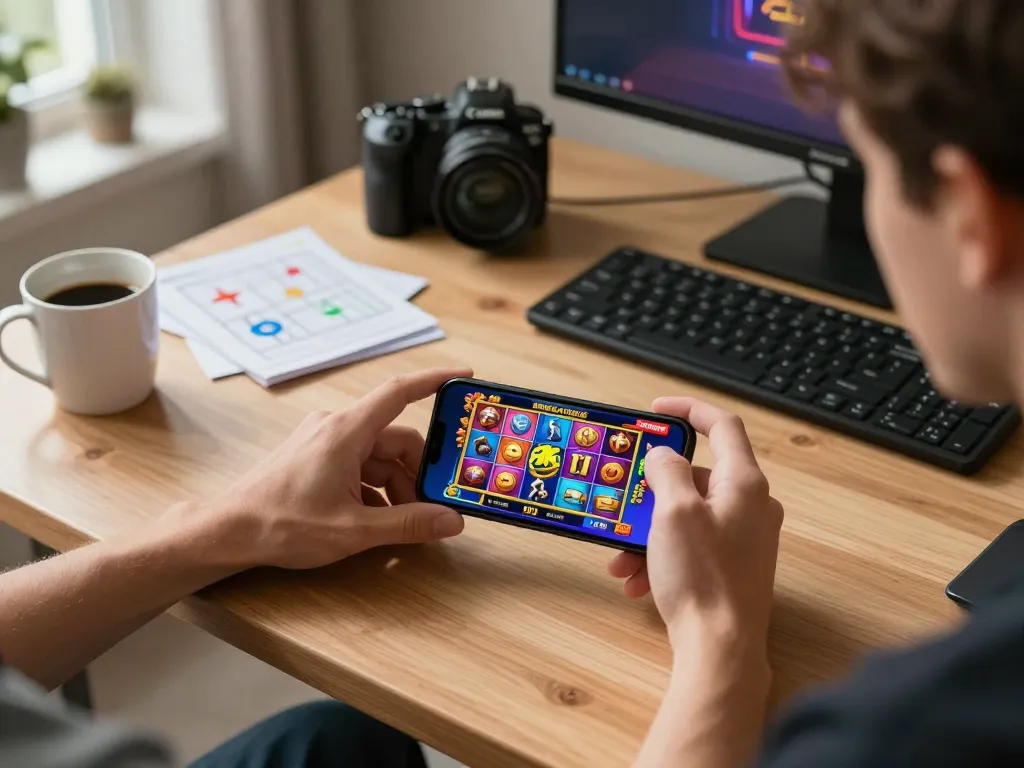 Engaging in slot depo 2k gaming on smartphone in a cozy home environment showcasing responsibility.