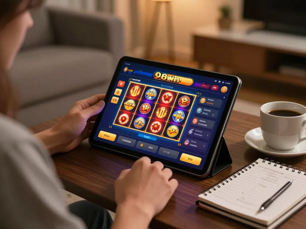 Playing with app 98win on a tablet in a cozy living room, displaying vibrant online slots interface.