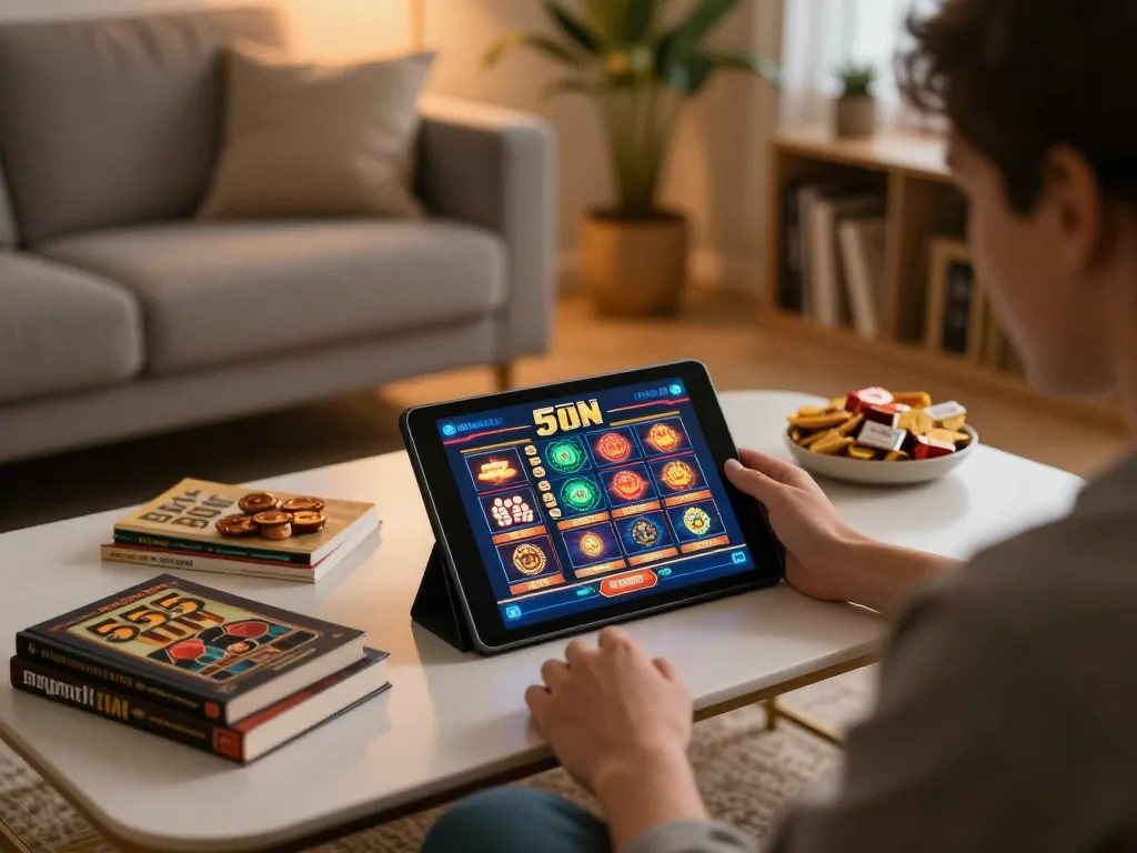 A player engaging with the 555 win online casino interface on a tablet in a cozy home setting.