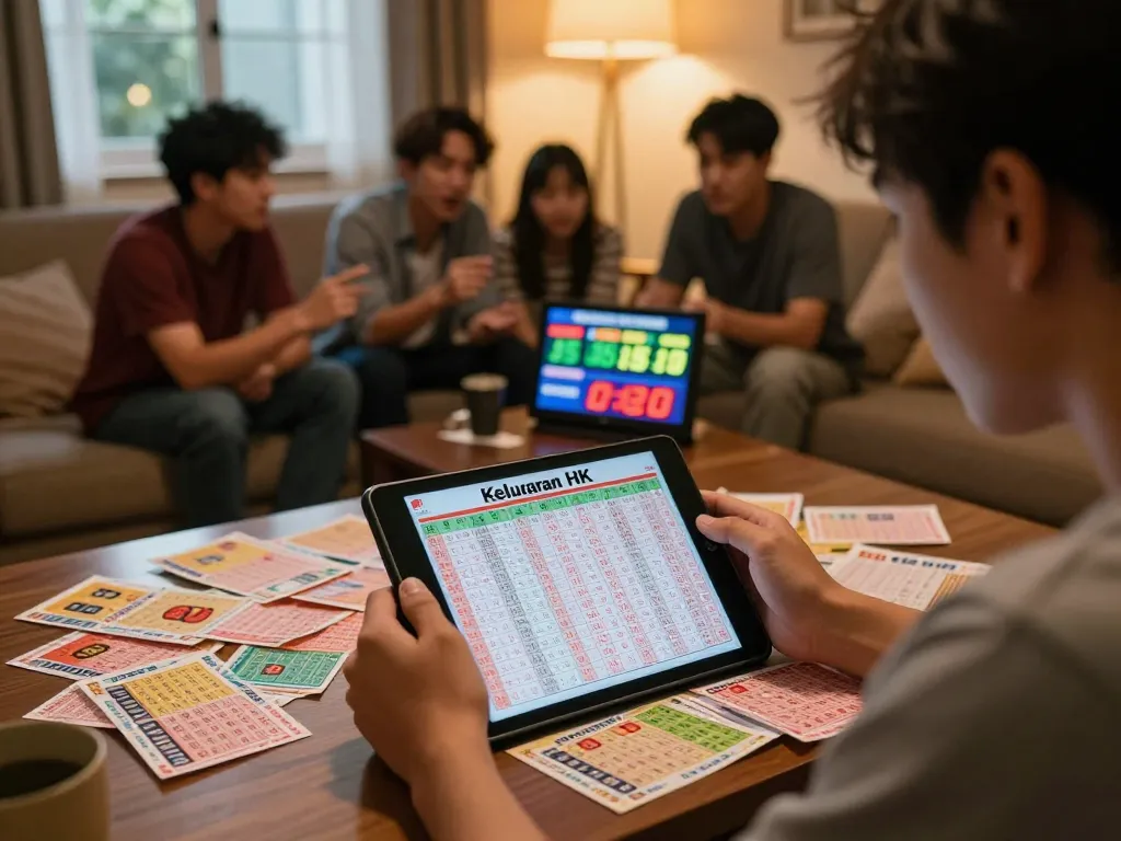 Keluaran HK numbers displayed on a tablet during an engaging Togel Hongkong betting evening with friends and lottery tickets.