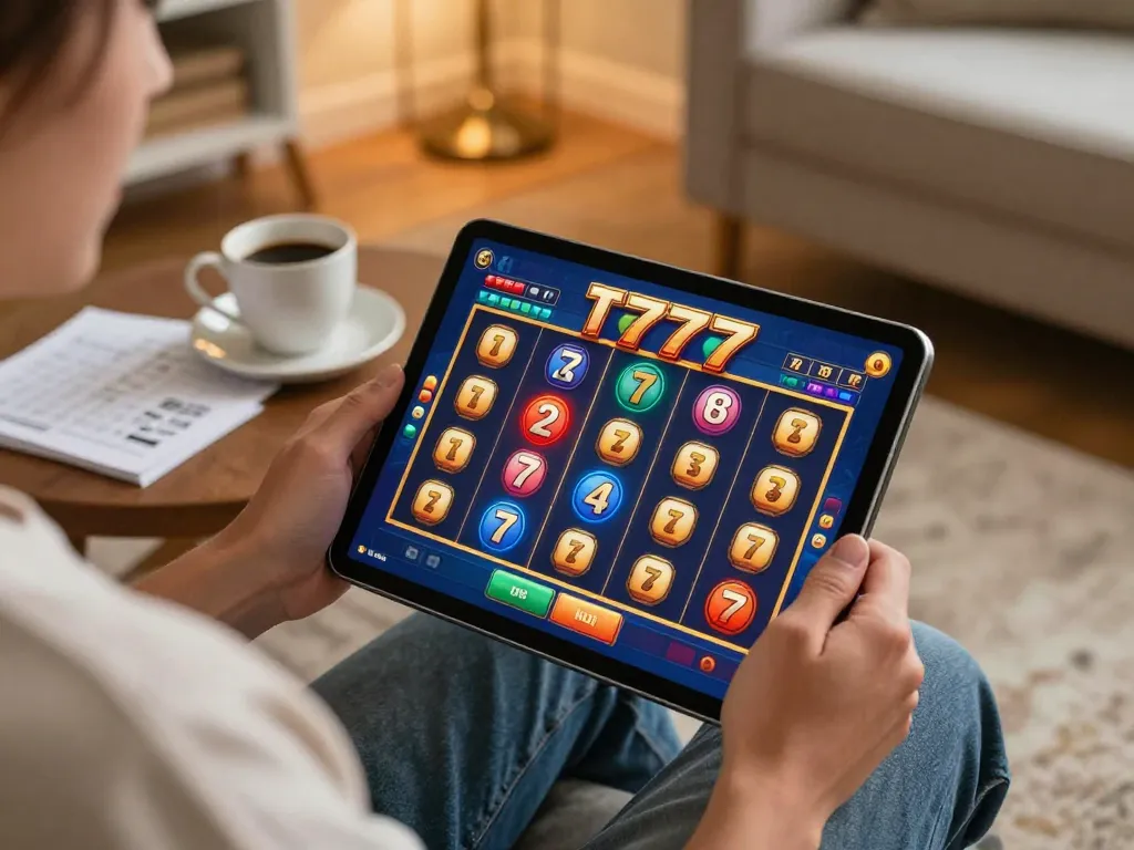 Engaging with slot777 online gaming interface on tablet in a cozy home setting.