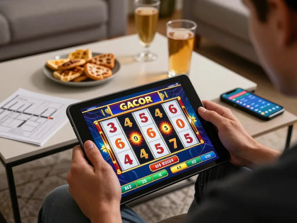 Player enjoying a thrilling slot gacor game on a tablet in a cozy home setting with snacks