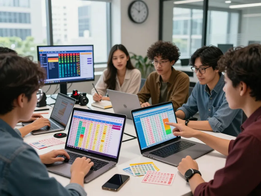 Keluaran HK Lotto enthusiasts analyzing live draw results together in a modern office setting.