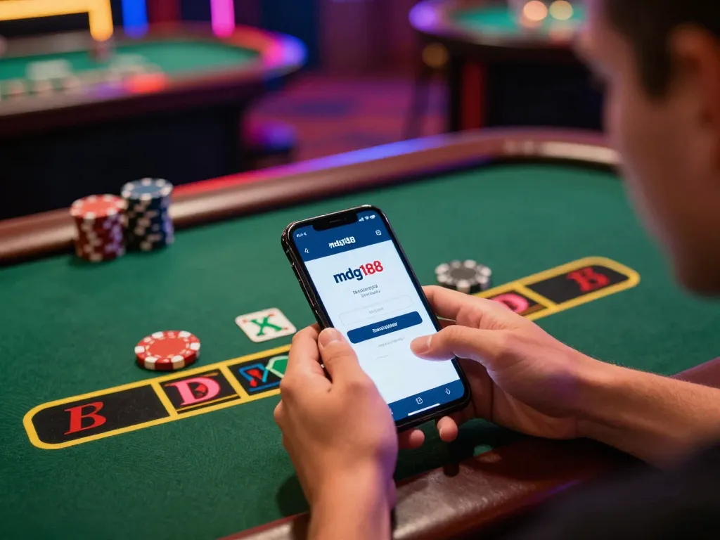 Engaging in mdg188 login at mobile blackjack game, showcasing strategic gameplay with vibrant casino atmosphere.