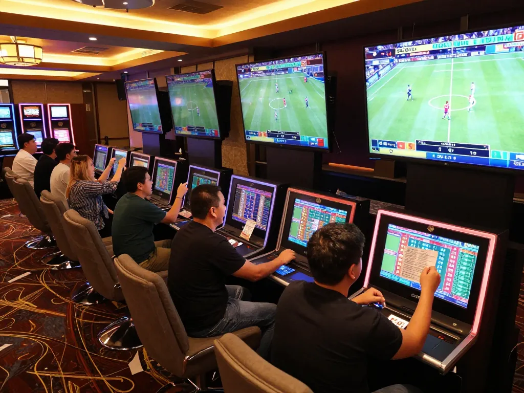 Patrons engage in strategic sports betting at 888vnd nhà cái, analyzing bets and cheering for wins.