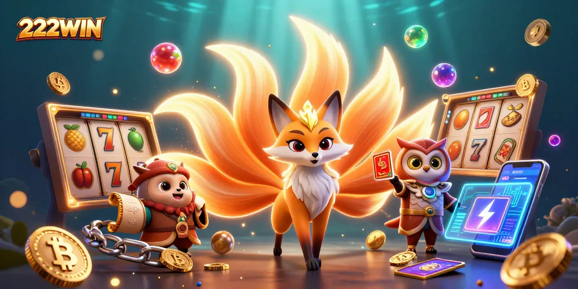 Experience the vibrant world of 222WIN with captivating slot games, illuminated by colorful characters and crypto elements.