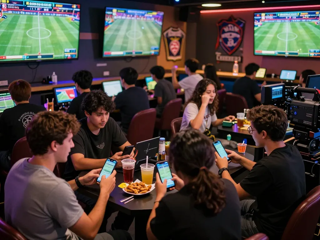 Bongdalu sports betting scene capturing engaged bettors celebrating live sports updates