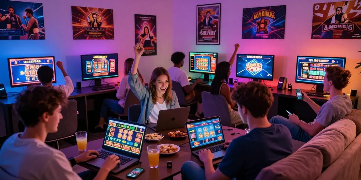 Spieler feiern Gewinne in einer lebhaften Paysafe Card Casino-Atmosphäre mit verschiedenen Geräten und Spielen.