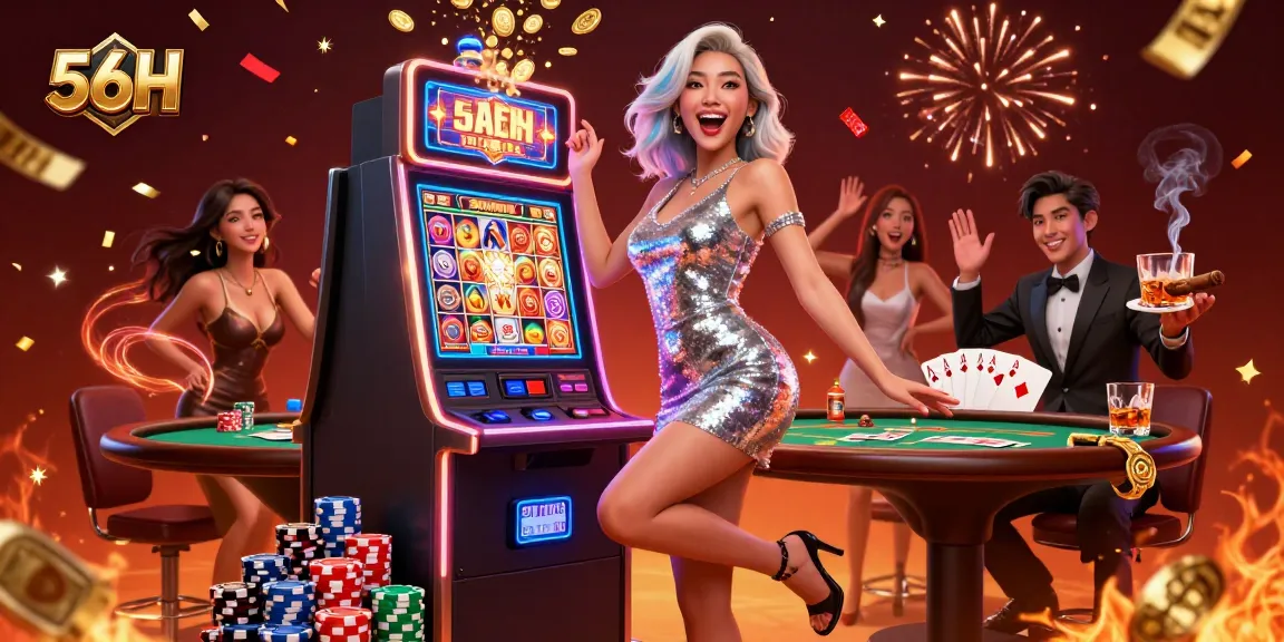 Experience the excitement at 56H with a celebratory scene of a jackpot win and rich casino elements.