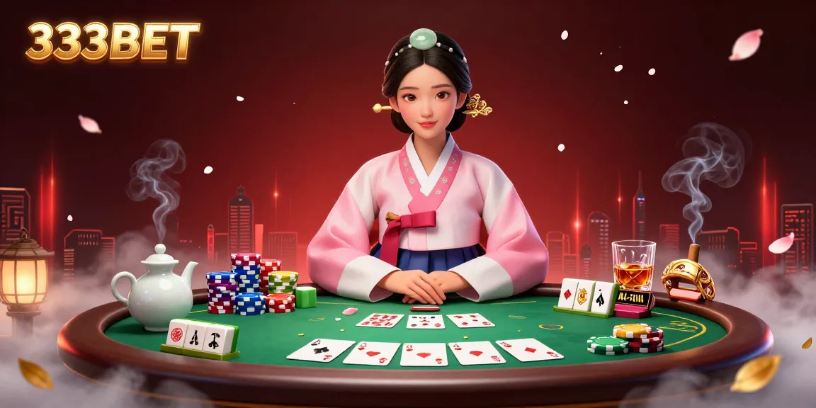 Experience excitement with 333BET as a serene Asian woman at a poker table showcases vibrant game elements.