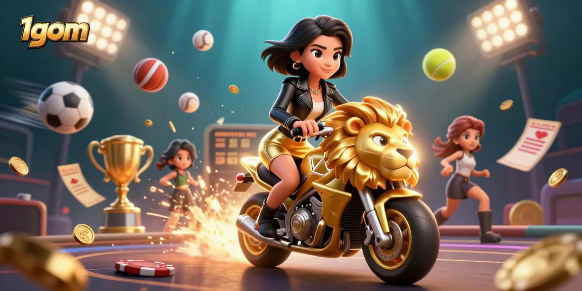 Experience sports betting excitement with 1gom, featuring a dynamic Asian woman on a golden lion mascot.