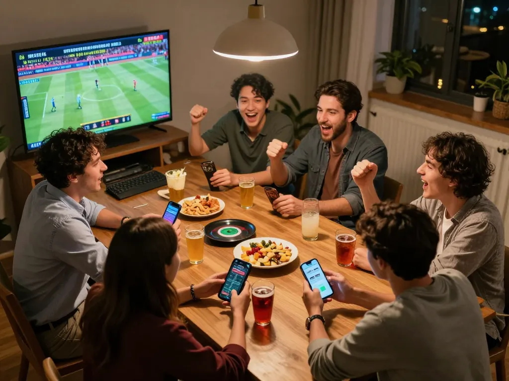 Engaging sports betting scene with friends placing bets using LC99 app during a match