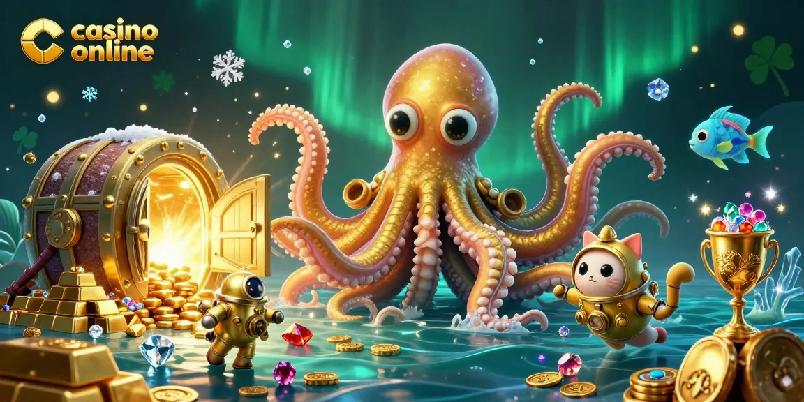 Jouer sur un casino online et gagner des trésors avec un kraken et un chat plongeur.