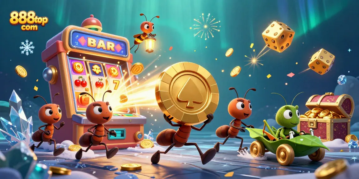 Experience a thrilling heist in vibrant 888top com illustration with ants, a grasshopper driver, and casino elements.