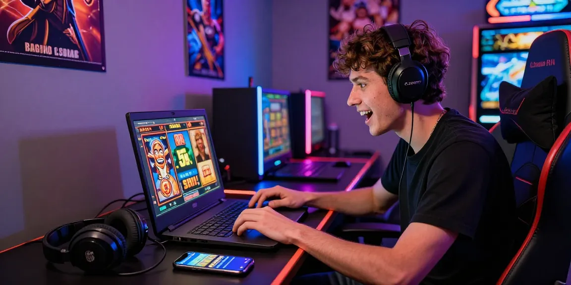 Player excitedly engaging in online slot deposit 5k games illuminated by LED lights.