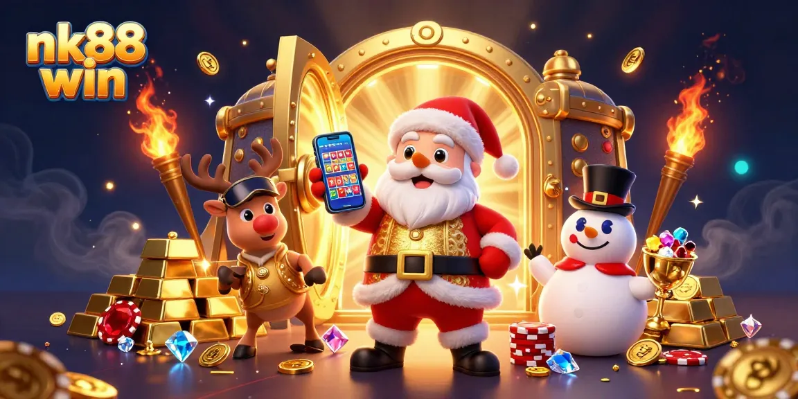 Spin and win with nk88 win as Santa, his reindeer, and a snowman revel in a gold-filled casino.