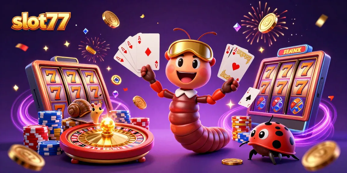 Experience thrilling wins with slot77 as a 3D millipede dealer orchestrates exciting games amidst golden coins and sparkling gems.