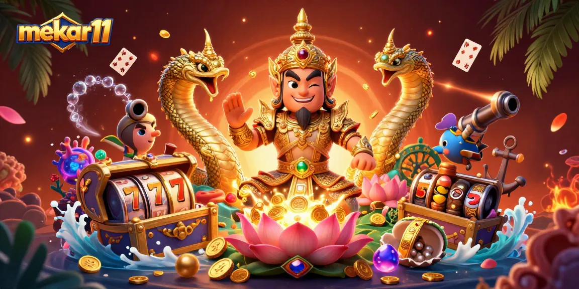 Mekar11 offers a vibrant, immersive gambling experience with golden symbols and energetic characters from the casino world.