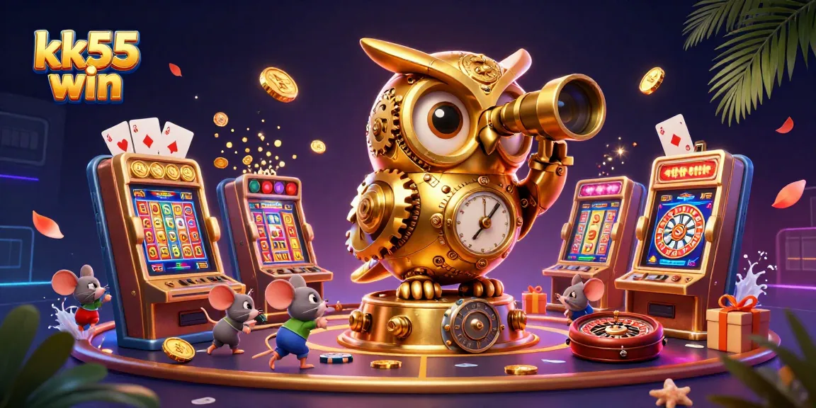 Engage with kk55 win as a golden owl watches over vibrant casino action with animated slot games and exciting elements.