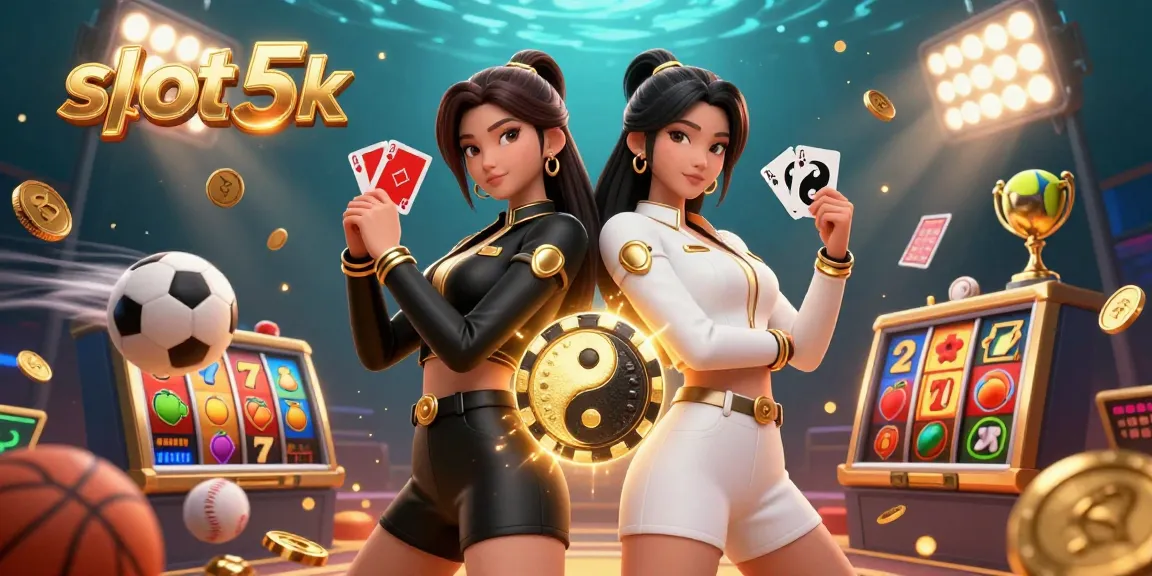 Engage with slot 5k games and strategies as two stunning twin Asian women pose with playing cards in a vibrant casino scene.