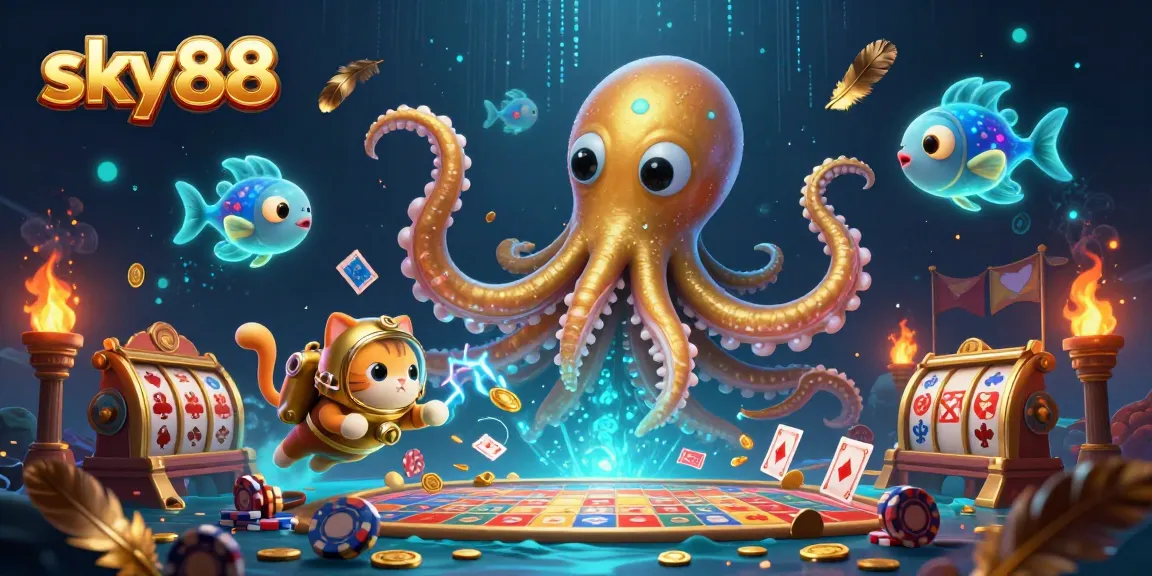 Experience thrilling games at sky88 with a colossal kraken and a diving cat in a vibrant casino scene.