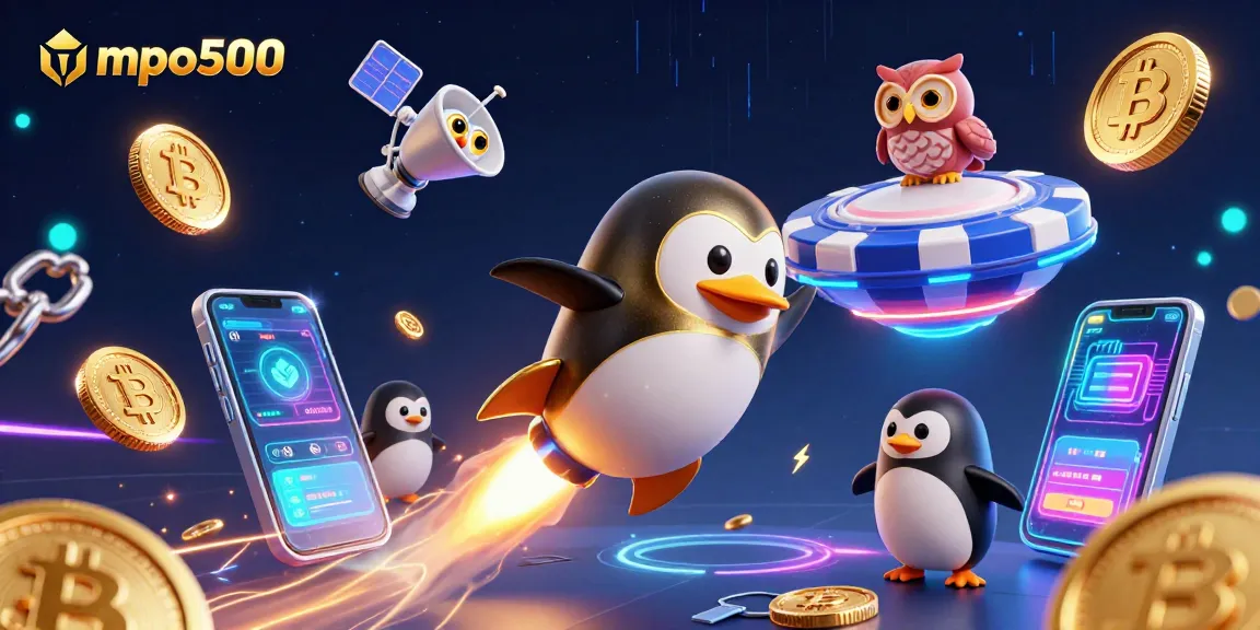 Experience mpo500 with an exciting journey as a golden penguin blasts towards a poker chip casino.