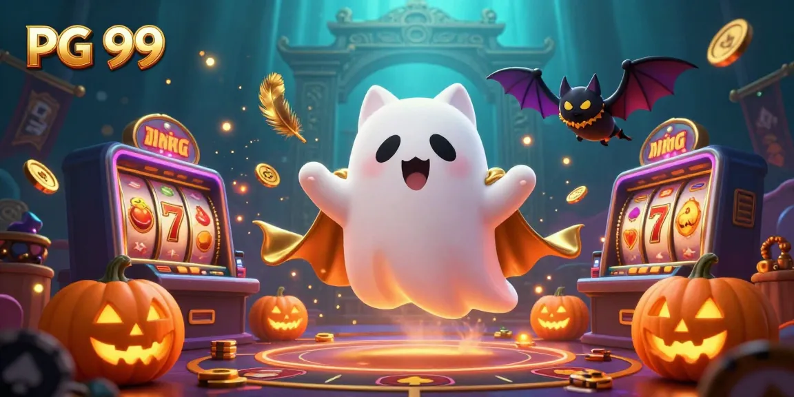 Engage with PG 99's enchanting 3D illustration featuring a ghost cat and bat in a vibrant casino.