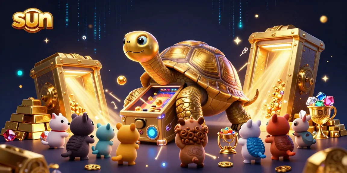Play with the sun-themed colossal tortoise pinball machine amidst a sparkling treasure-filled casino.