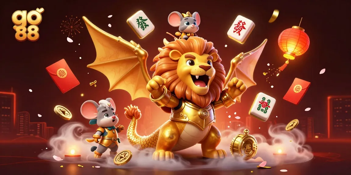 Engage with go 88 through thrilling games amidst an energetic casino scene featuring a golden chimera.