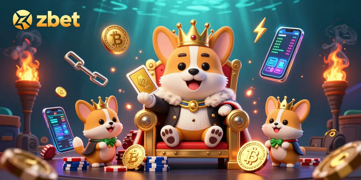 Join the royal gaming adventure with zbet, featuring a corgi king surrounded by crypto elements.