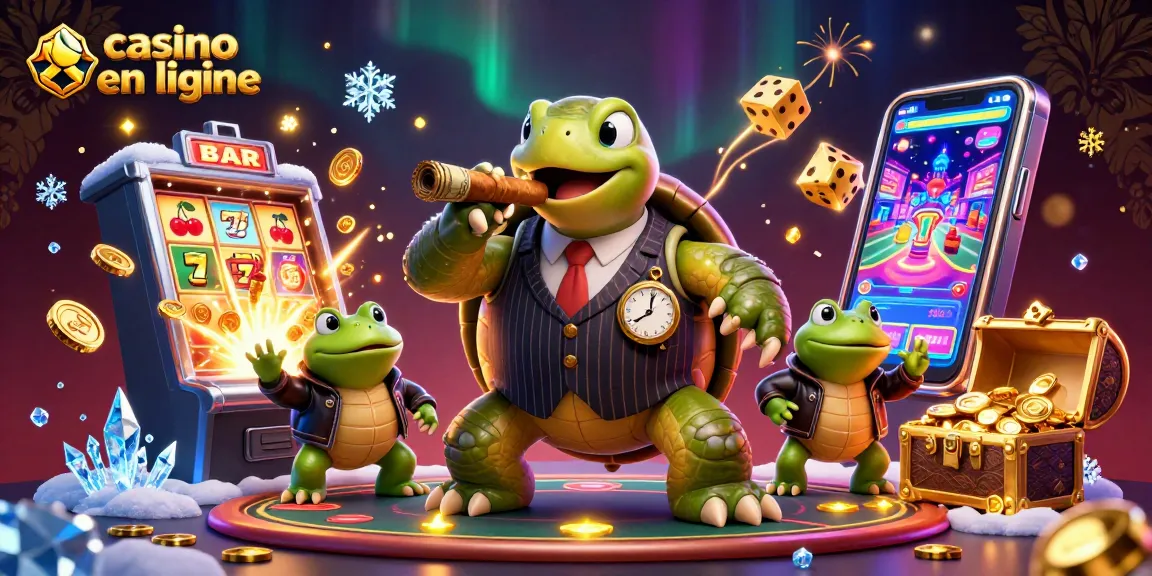 Jouez à casino en ligne avec une tortue massive en costume de gangster et des grenouilles, entourés de machines à sous et lumière magique.