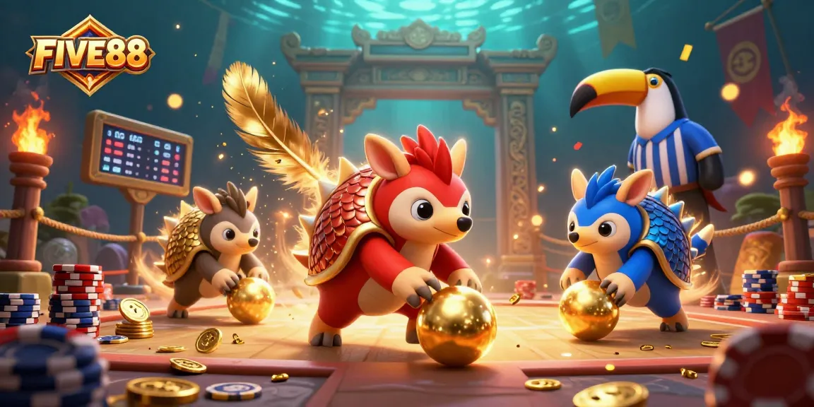 Experience the thrill of FIVE88 at an exciting 3D animated casino with poker chips flying and vibrant elements.