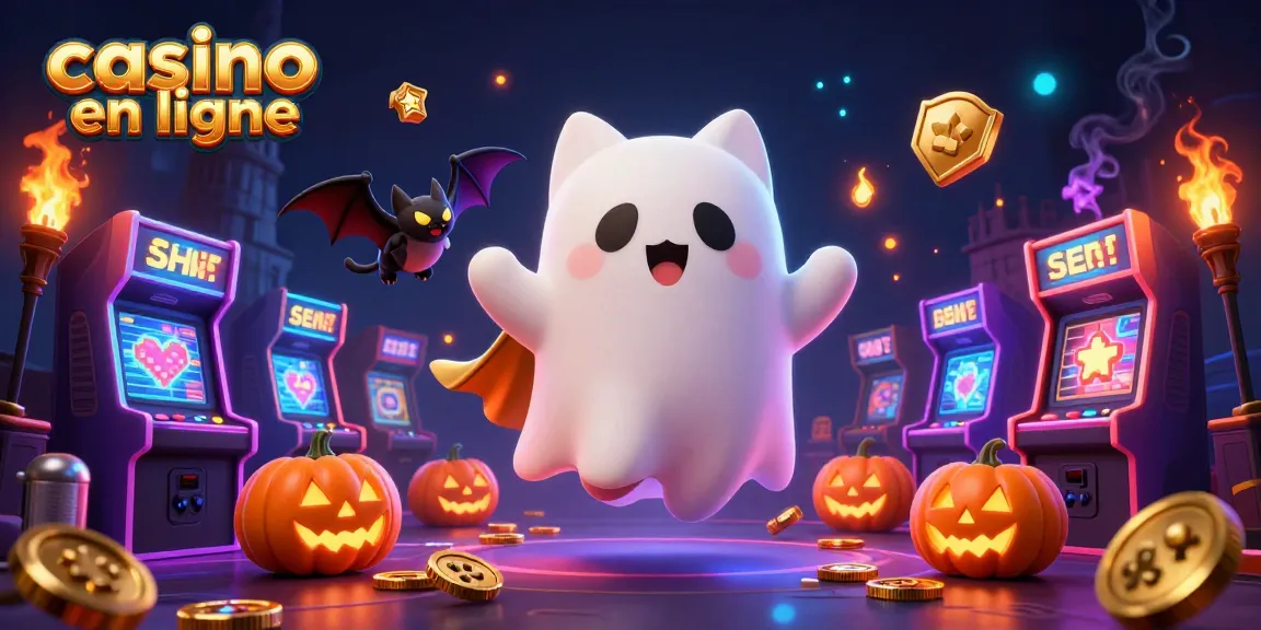 Jouer dans un casino en ligne avec un chat fantôme et un vampire sous des lumières scintillantes.