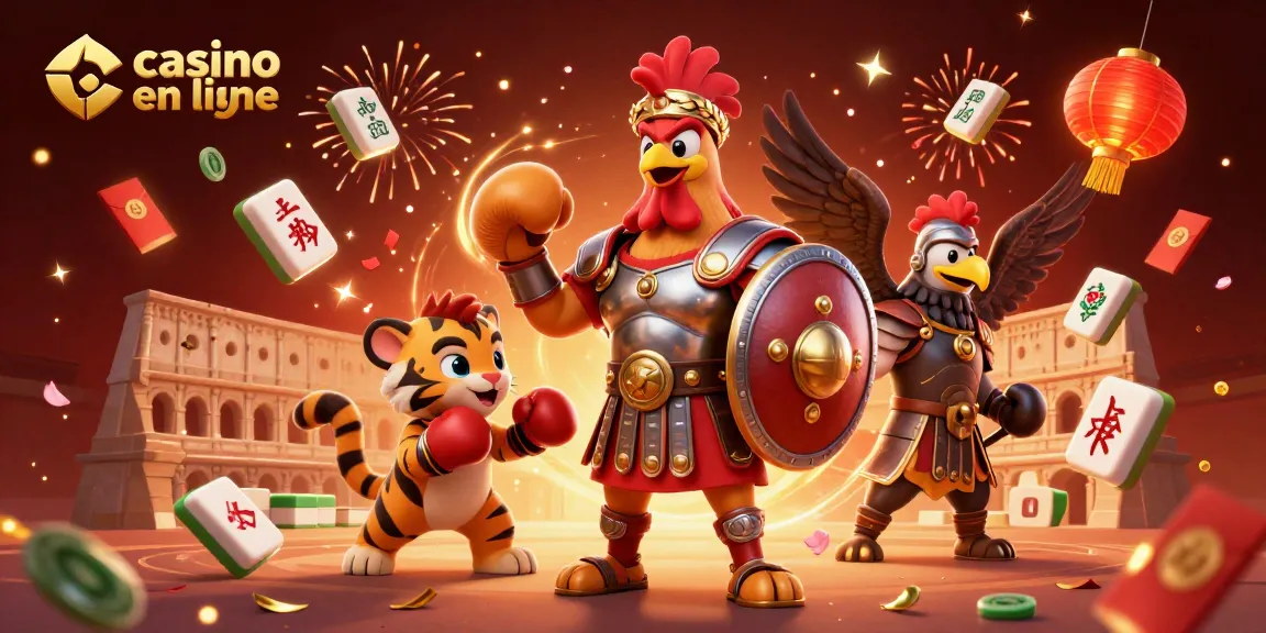 Visualisez le monde des jeux avec un coq en armure dans un casino en ligne, entouré d'éléments festifs.