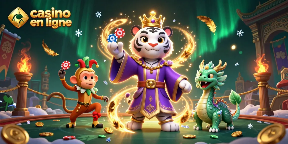 Illustration dynamique de casino en ligne avec un tigre royal, un singe jongleur et un dragon jade.