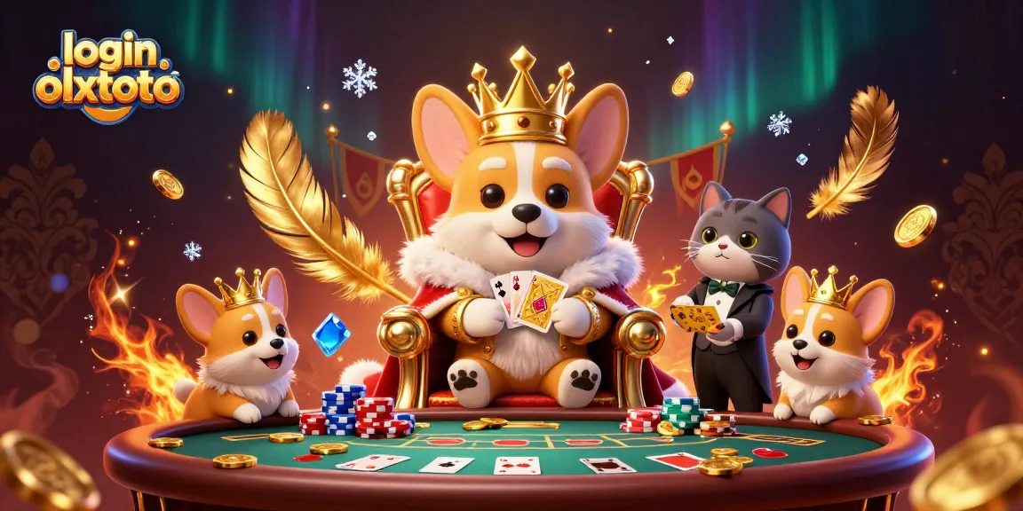 Gambar login olxtoto memperlihatkan corgi kerajaan 3D dalam suasana kasino yang meriah.