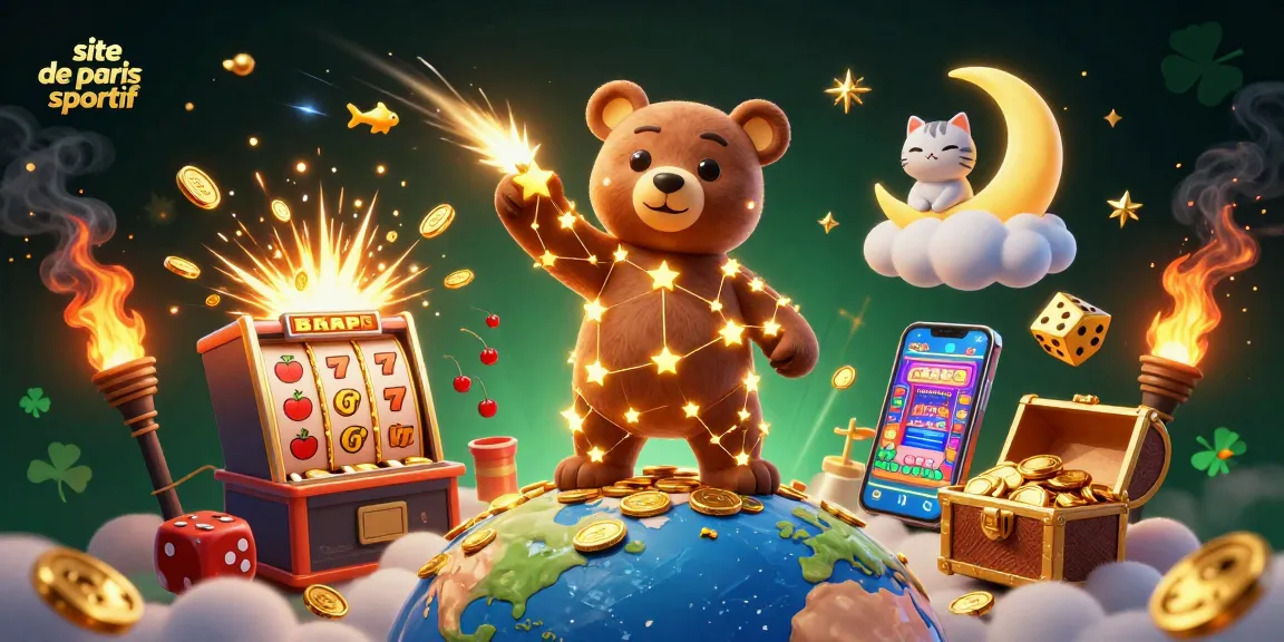 Plongez dans l'univers du site de paris sportif avec une illustration captivante de personnages ludiques et d'éléments de casino.