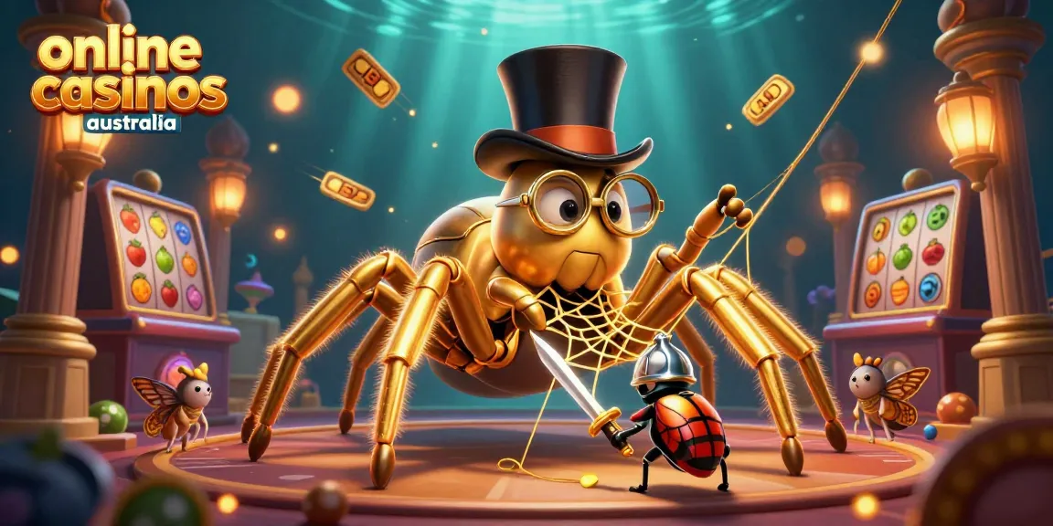 Experience the excitement of online casinos Australia with a dynamic scene of a golden tarantula and battling beetle.