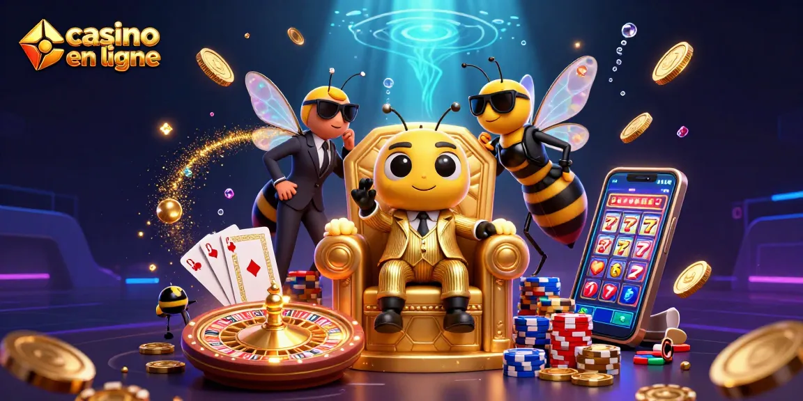 Jouer au casino en ligne avec un boss abeille, des cartes gagnantes et des effets scintillants.
