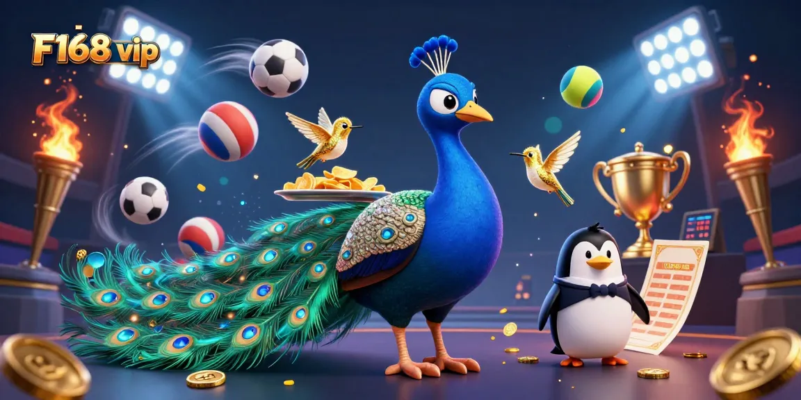 Experience thrilling play with F168 vip, featuring a dazzling peacock and vibrant sports elements.