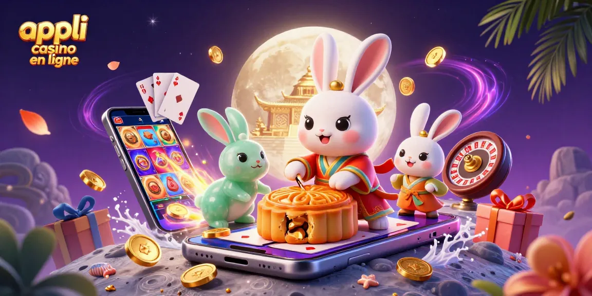 Jouez à une appli casino en ligne avec des jetons de poker et des symboles de machine à sous dans un décor lunaire.