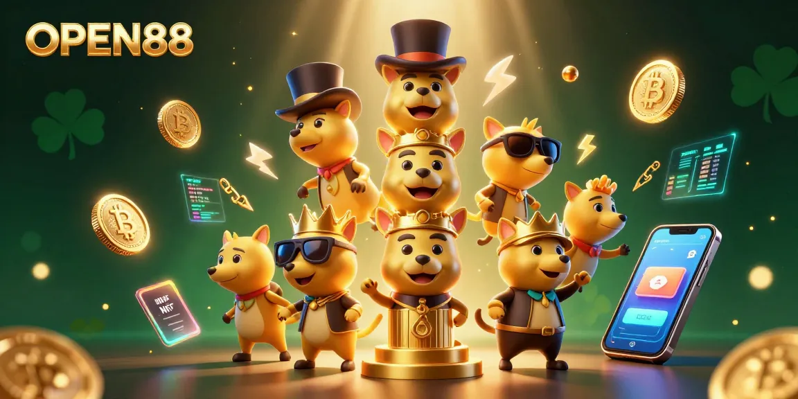 Experience thrilling gambling adventures at OPEN88 with unique animated totem characters surrounded by dynamic crypto elements.