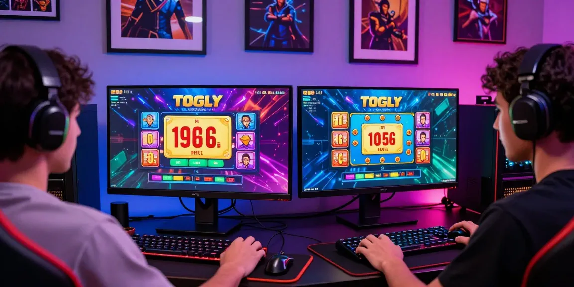 Dynamic gaming scene featuring enthusiastic player engaging with tempototo online togel games on dual screens, showcasing vibrant graphics and winning moments.